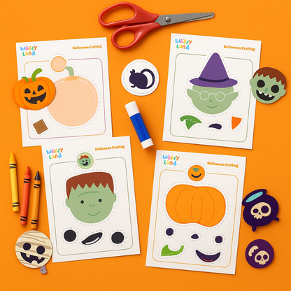 Lembar Kerja Potong &amp; Tempel Halloween untuk Anak-Anak: Kerajinan Seru &amp; Mudah | 10 Halaman untuk Dicetak