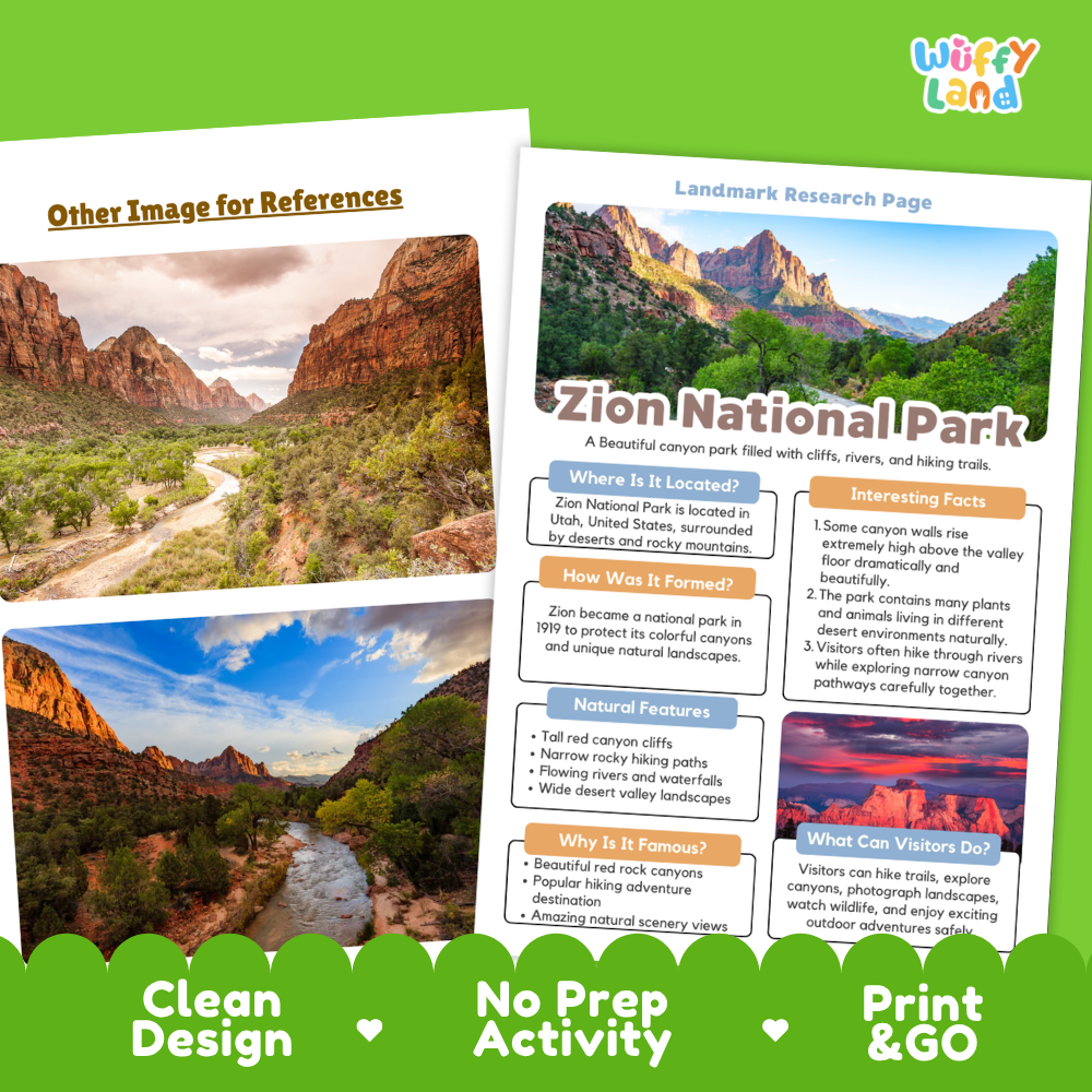 Zion National Park Landmark Research Page Worksheets and Fact Sheet