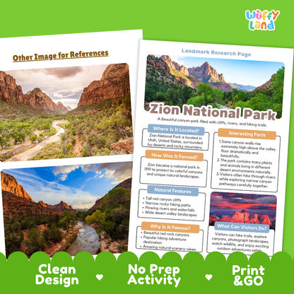 Zion National Park Landmark Research Page Worksheets and Fact Sheet