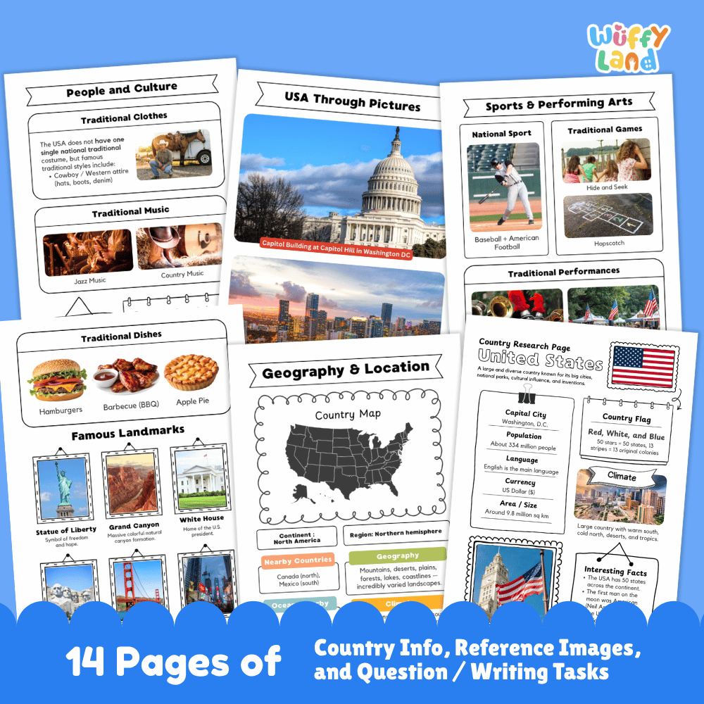 United States Country Research Project Worksheets and Activity Pages