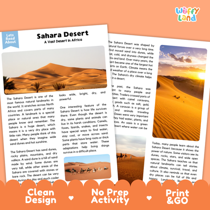 Sahara Desert Landmark Reading Passages and Comprehension Questions Worksheets