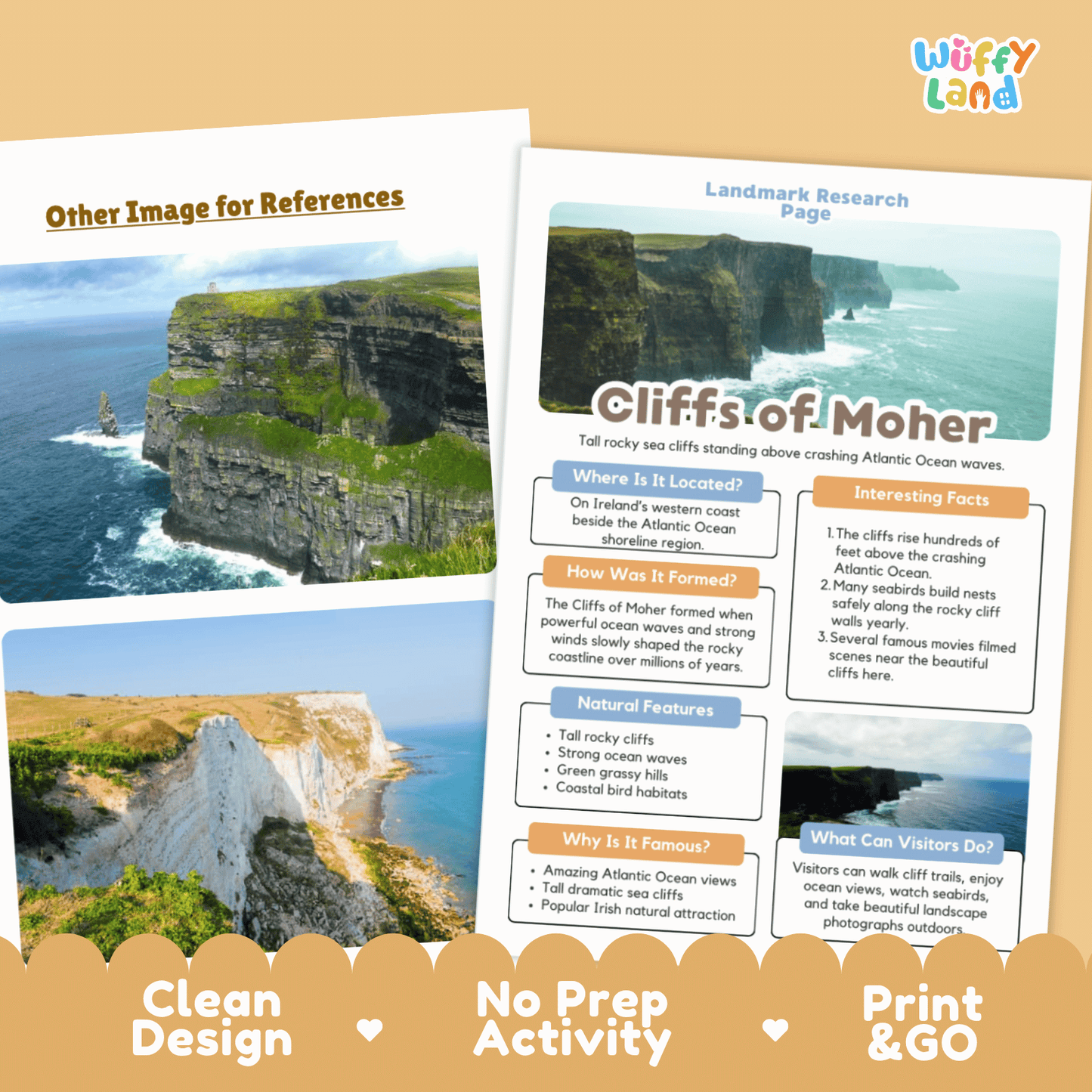 Cliffs of Moher Landmark Research Page Worksheets and Fact Sheet Activity