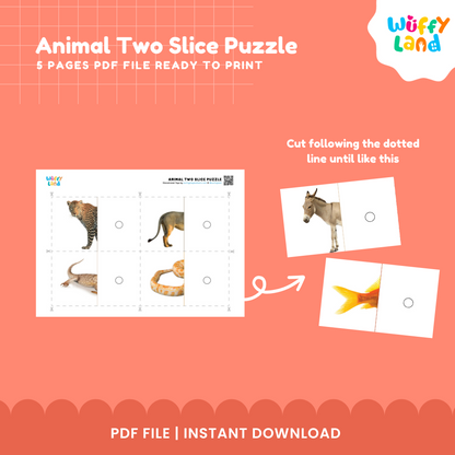 Animal Two-Slice Puzzle | 12 Matching Cards for Kids | Printable PDF