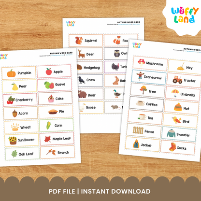 Autumn Word Cards - Fall Vocabulary Flashcards for Kids - Printable Literacy Center