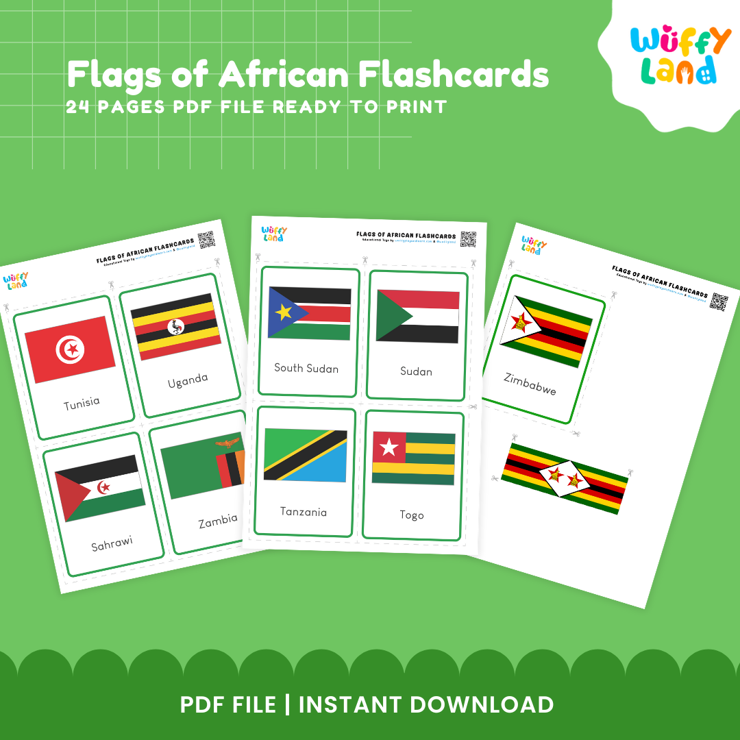 Flags of Africa Flashcards - 57 Educational Cards for Kids, Instant Download PDF