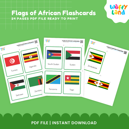 Flags of Africa Flashcards - 57 Educational Cards for Kids, Instant Download PDF