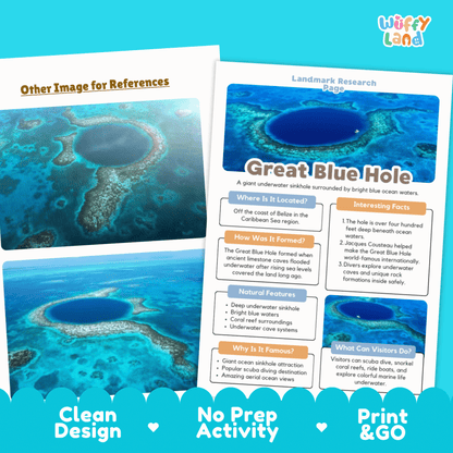 Great Blue Hole Landmark Research Page Worksheets and Fact Sheet Activity