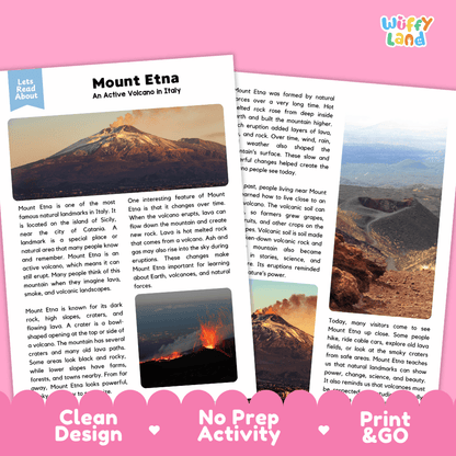 Mount Etna Landmark Reading Passages and Comprehension Worksheets