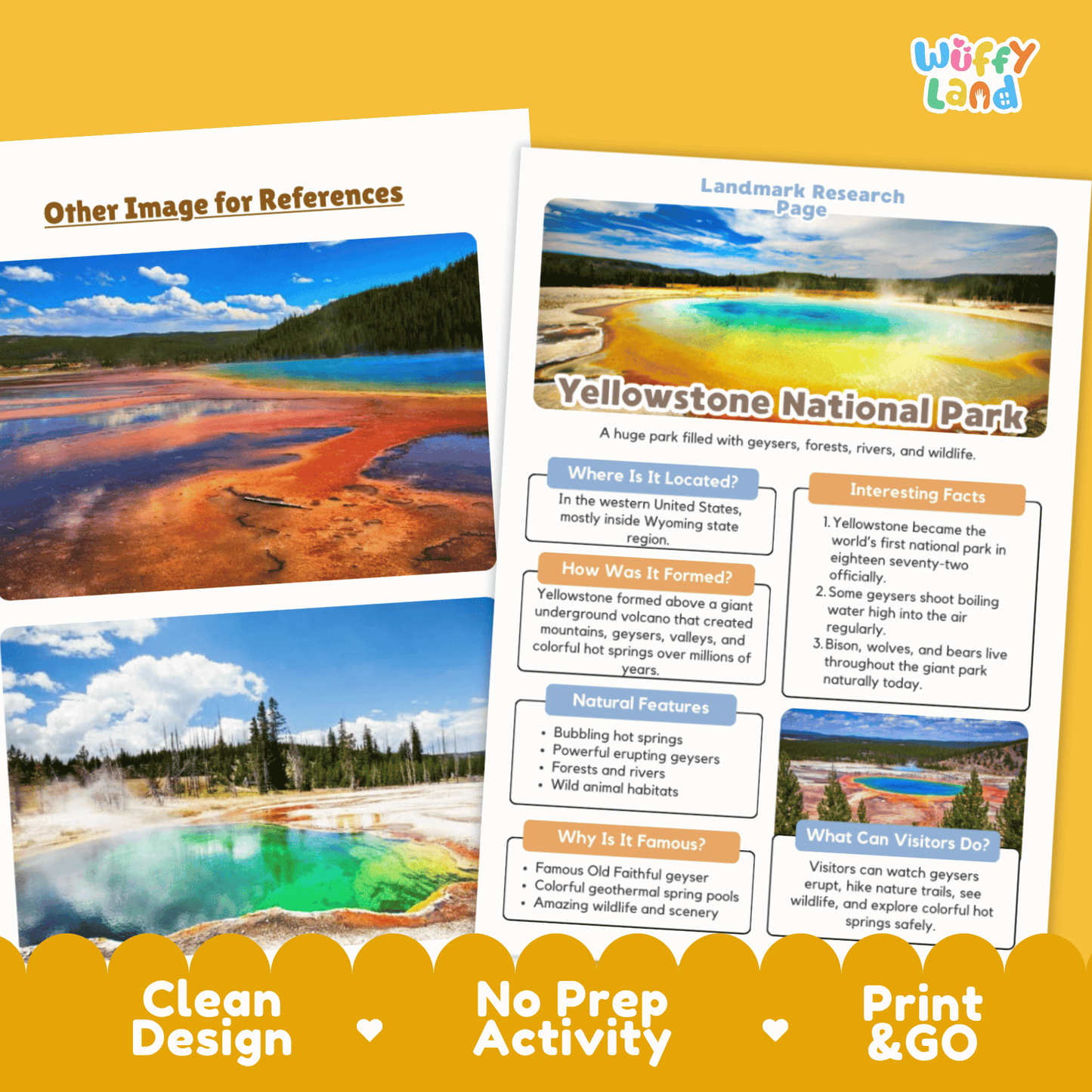 Yellowstone National Park Landmark Research Page Worksheets and Fact Sheet Activity