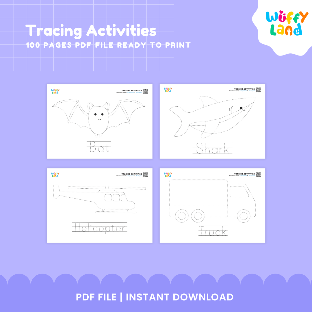 100 Pages Tracing Activities for Kids - Fun Educational Printable Worksheets - Learn Letters, Numbers Shapes