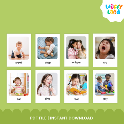 Kartu Flash Kata Kerja Aksi dengan Gambar Asli | 100 Kartu Kosakata yang Dapat Dicetak untuk ESL &amp; Anak-anak