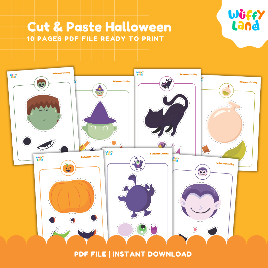 Lembar Kerja Potong &amp; Tempel Halloween untuk Anak-Anak: Kerajinan Seru &amp; Mudah | 10 Halaman untuk Dicetak