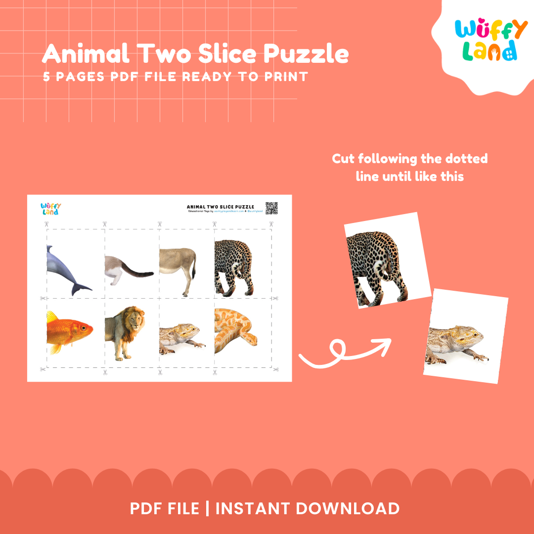 Animal Two-Slice Puzzle | 12 Matching Cards for Kids | Printable PDF