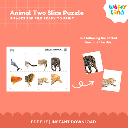 Animal Two-Slice Puzzle | 12 Matching Cards for Kids | Printable PDF