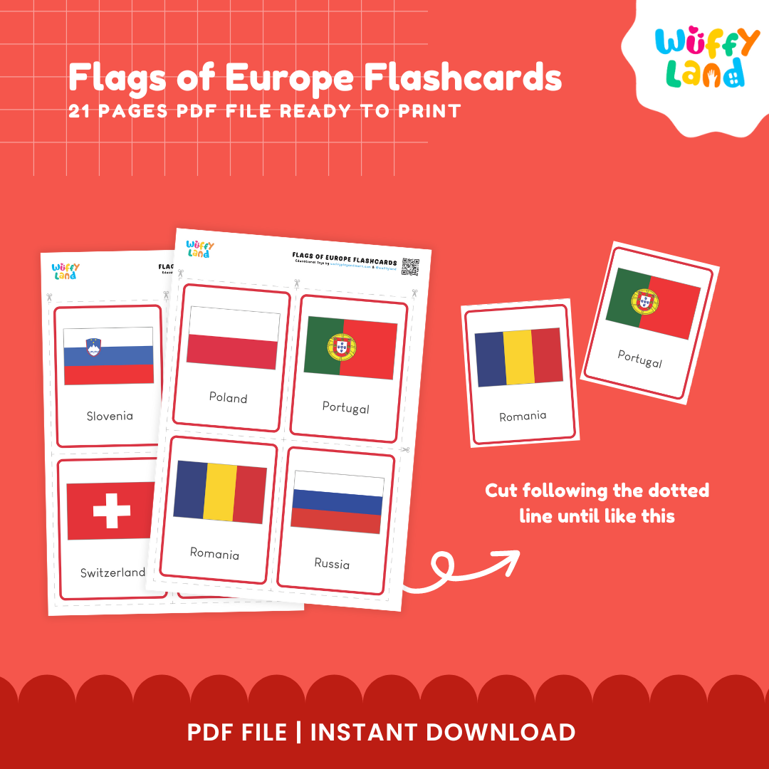 Flags of Europe Flashcards – 52 Printable Geography Cards for Kids Montessori Learning Tool for Homeschool & Classroom