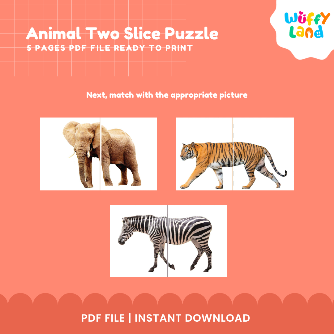 Animal Two-Slice Puzzle | 12 Matching Cards for Kids | Printable PDF