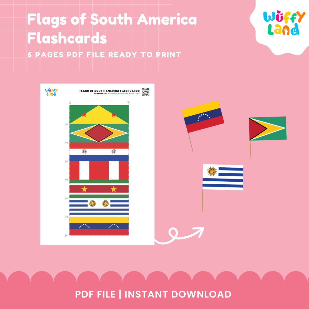 South America Flags Flashcards - 14 Page PDF Instant Download for Kids - Educational Geography Learning Tool