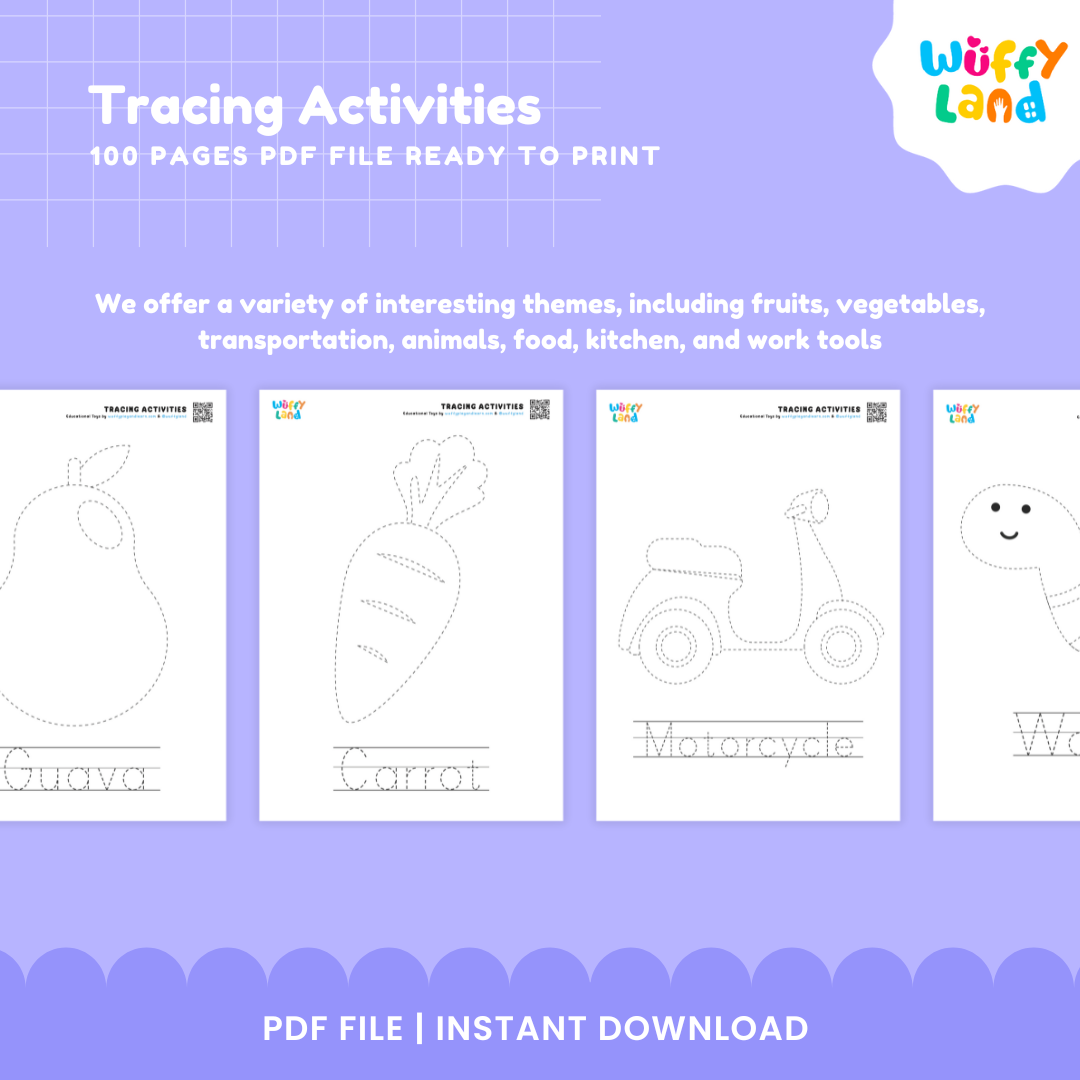 100 Pages Tracing Activities for Kids - Fun Educational Printable Worksheets - Learn Letters, Numbers Shapes