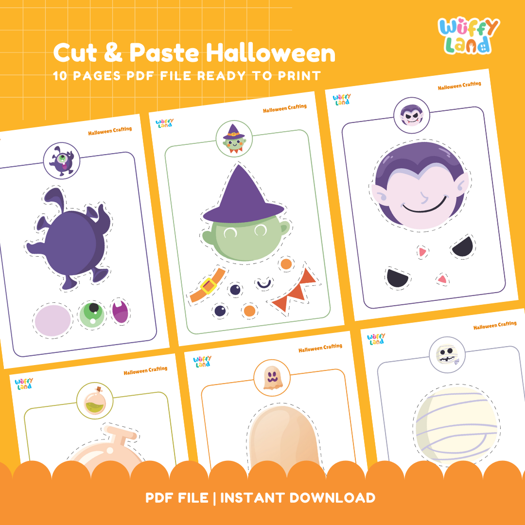 Lembar Kerja Potong &amp; Tempel Halloween untuk Anak-Anak: Kerajinan Seru &amp; Mudah | 10 Halaman untuk Dicetak