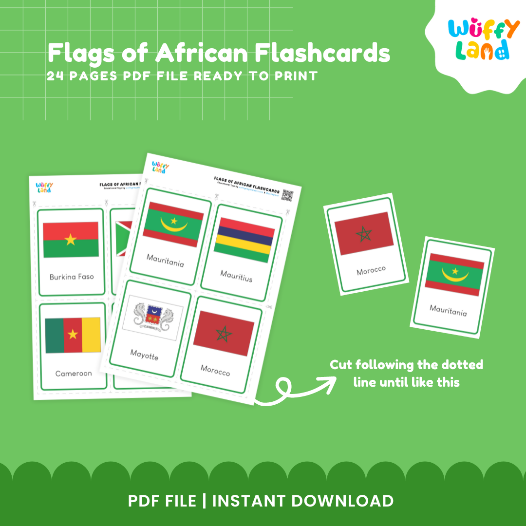 Flags of Africa Flashcards - 57 Educational Cards for Kids, Instant Download PDF