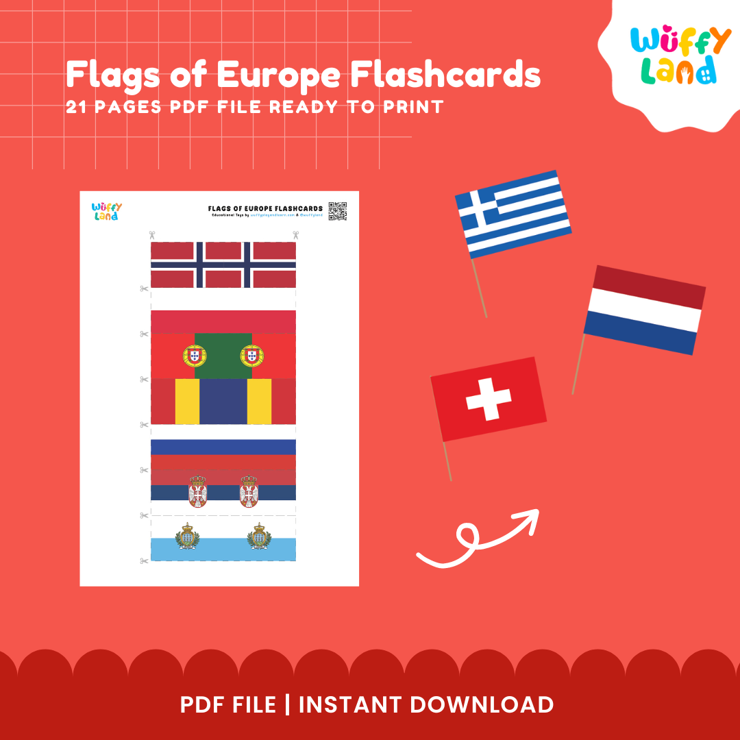 Flags of Europe Flashcards – 52 Printable Geography Cards for Kids Montessori Learning Tool for Homeschool & Classroom