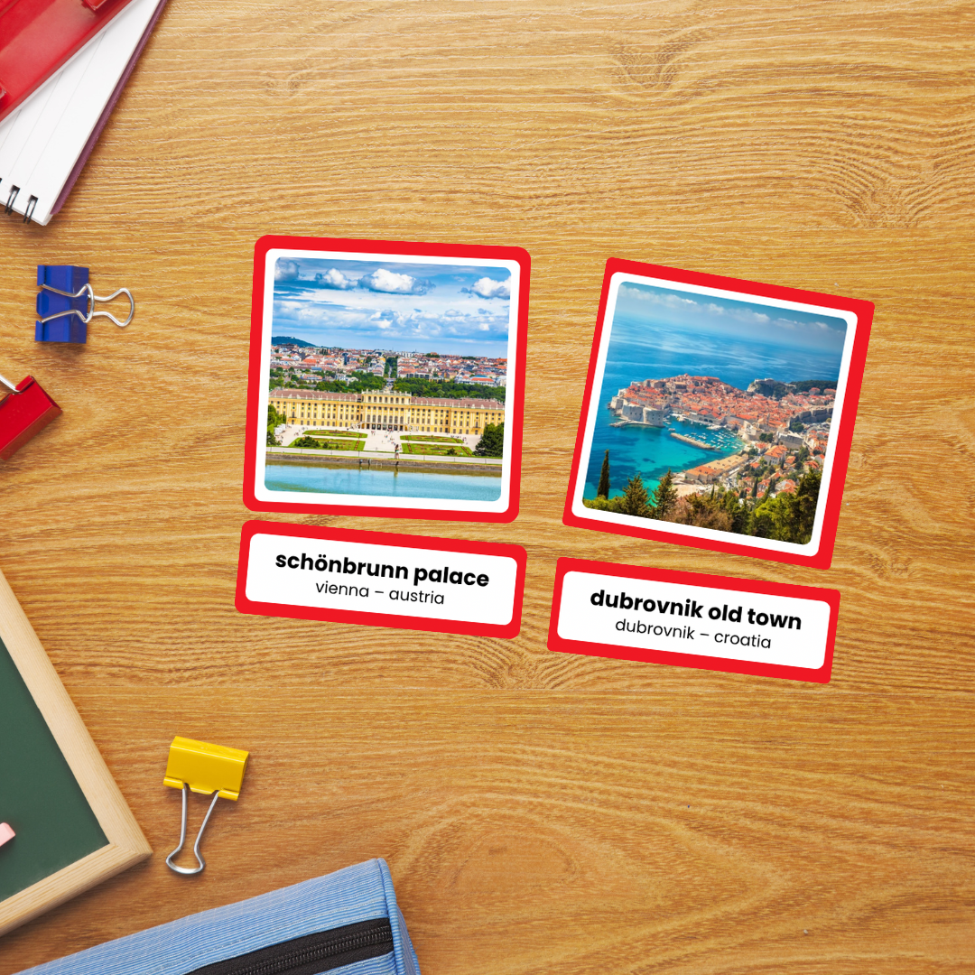 Kartu 3 Bagian Landmark Eropa - Geografi Montessori yang Dapat Dicetak