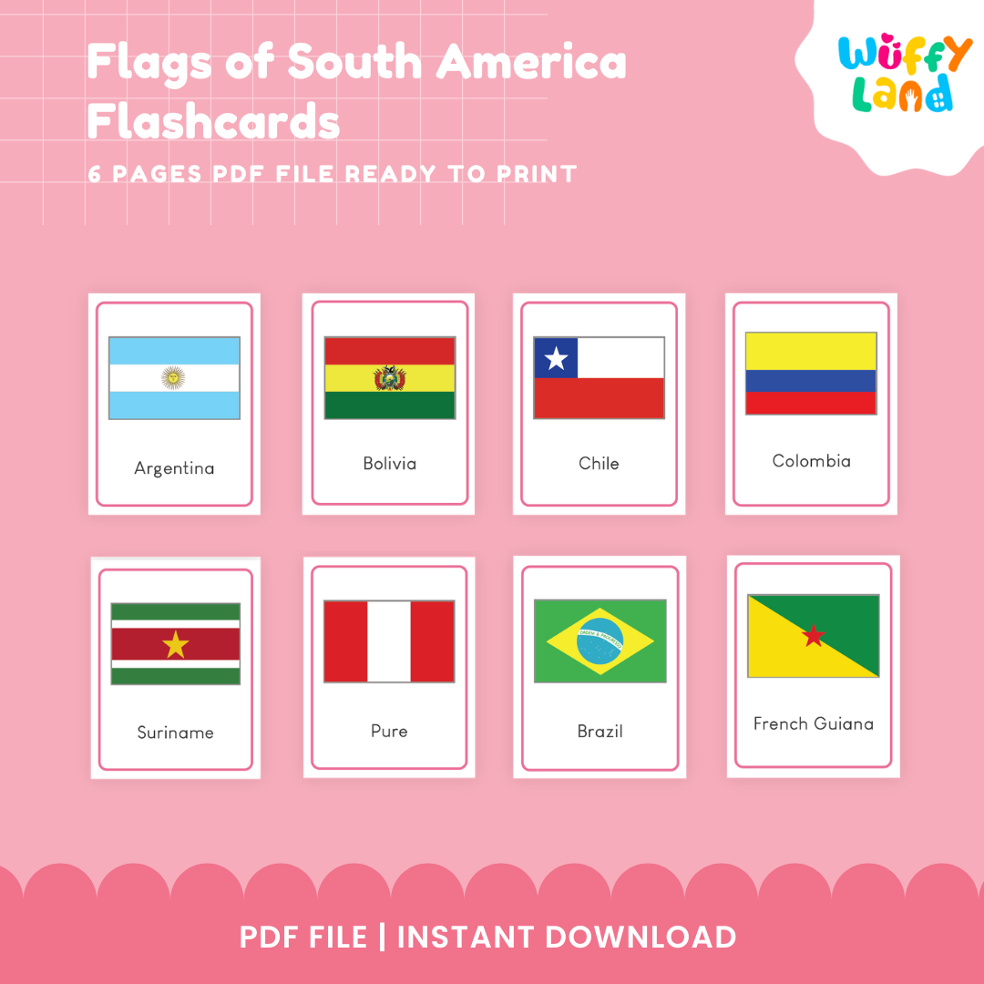 South America Flags Flashcards - 14 Page PDF Instant Download for Kids - Educational Geography Learning Tool