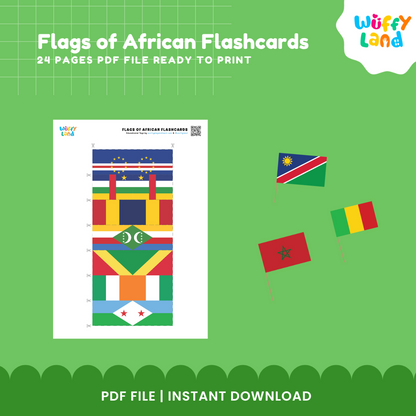 Flags of Africa Flashcards - 57 Educational Cards for Kids, Instant Download PDF