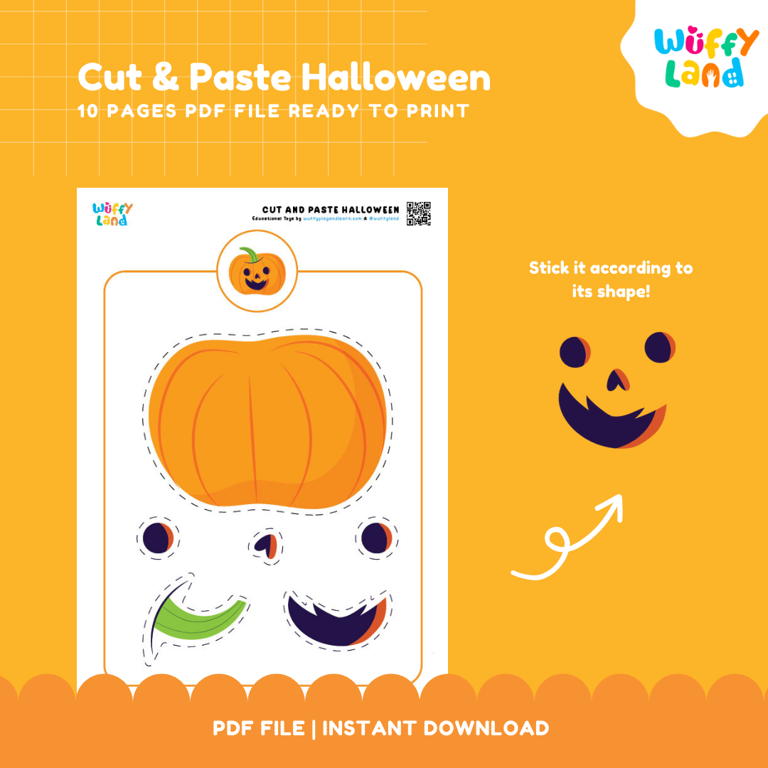 Lembar Kerja Potong &amp; Tempel Halloween untuk Anak-Anak: Kerajinan Seru &amp; Mudah | 10 Halaman untuk Dicetak