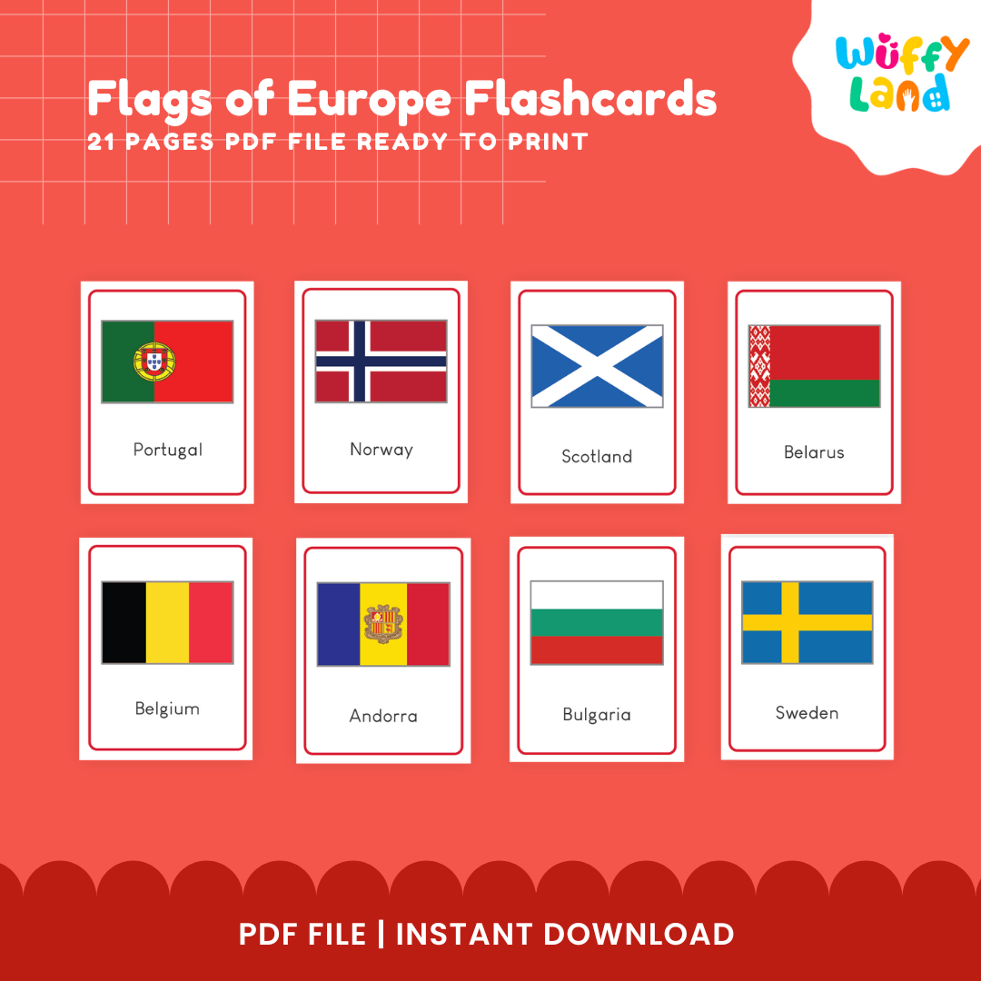 Flags of Europe Flashcards – 52 Printable Geography Cards for Kids Montessori Learning Tool for Homeschool & Classroom