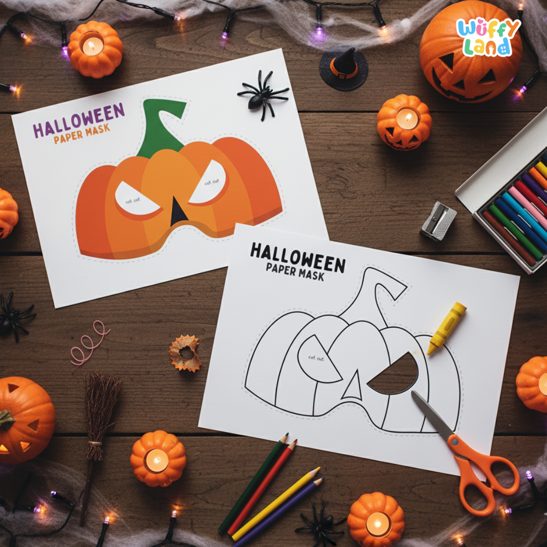 Halloween Pumpkin Paper Mask – Printable Craft (Color + B&W)