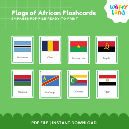 Flags of Africa Flashcards - 57 Educational Cards for Kids, Instant Download PDF