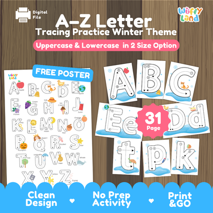 A-Z Letter Tracing Practice Winter Theme Worksheets
