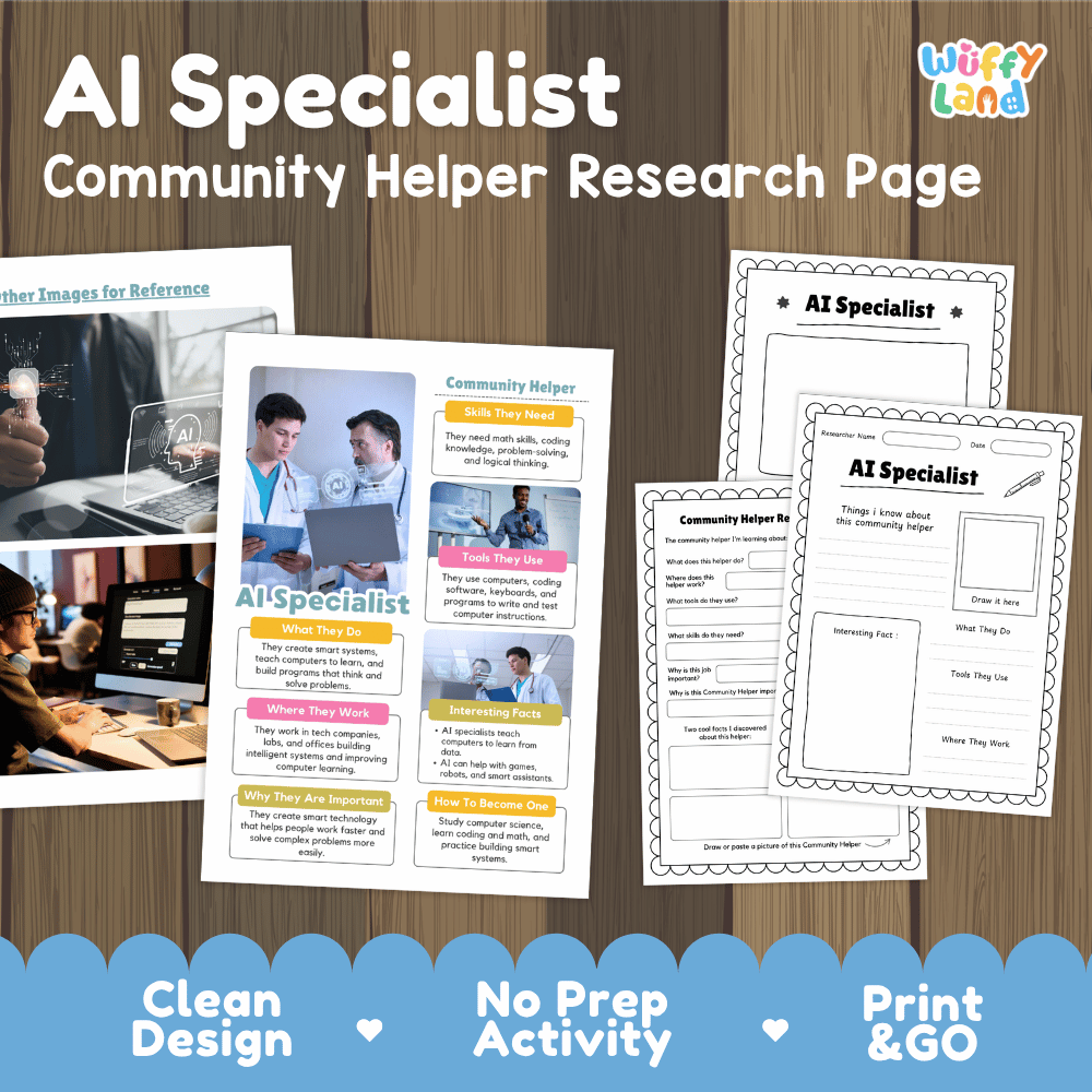 AI specialist community helper research page writing worksheets pack featuring real photos and student activity pages for elementary social studies and STEM