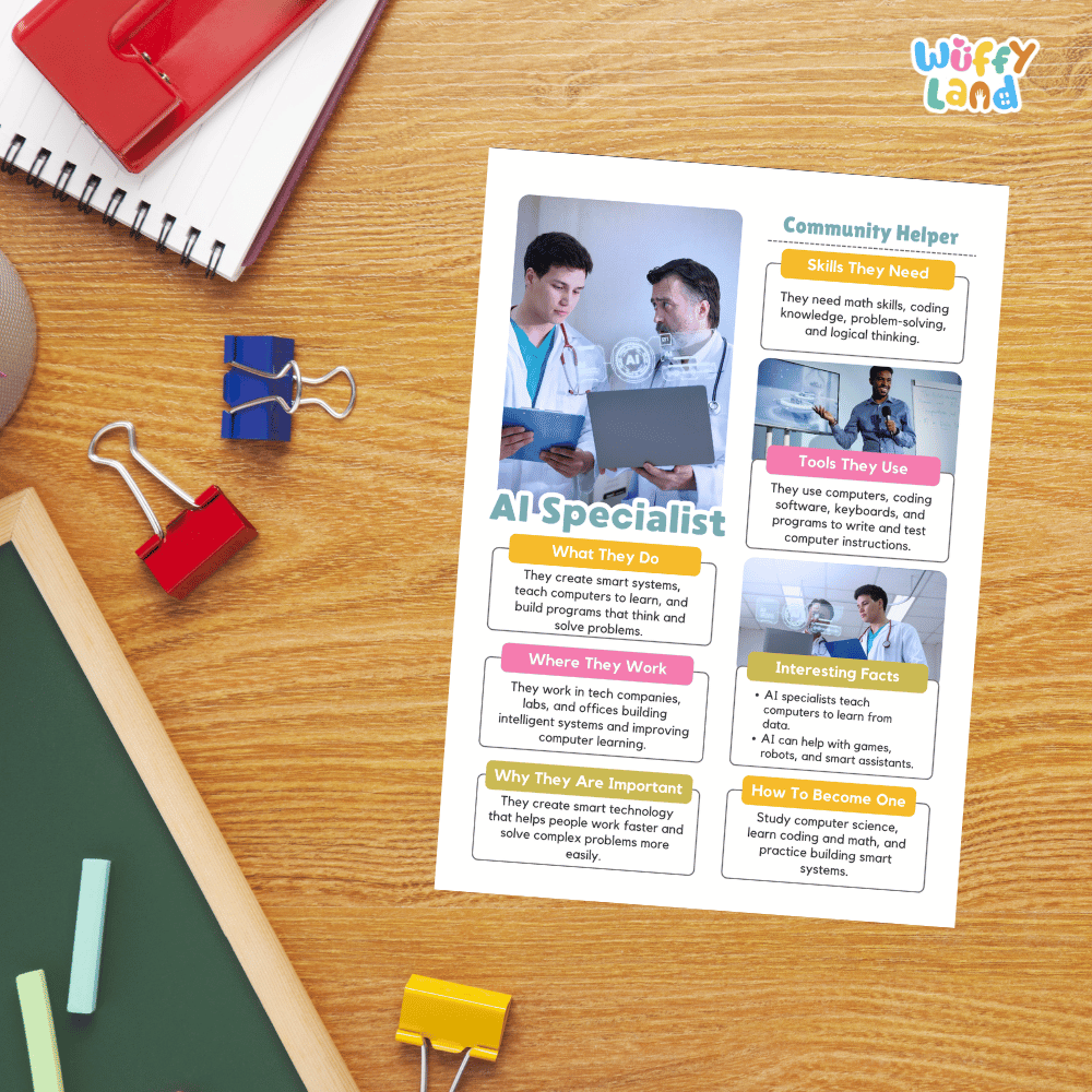 Guided student writing worksheets with lined sections for recording facts and a dedicated box for drawing or pasting a picture of an AI specialist