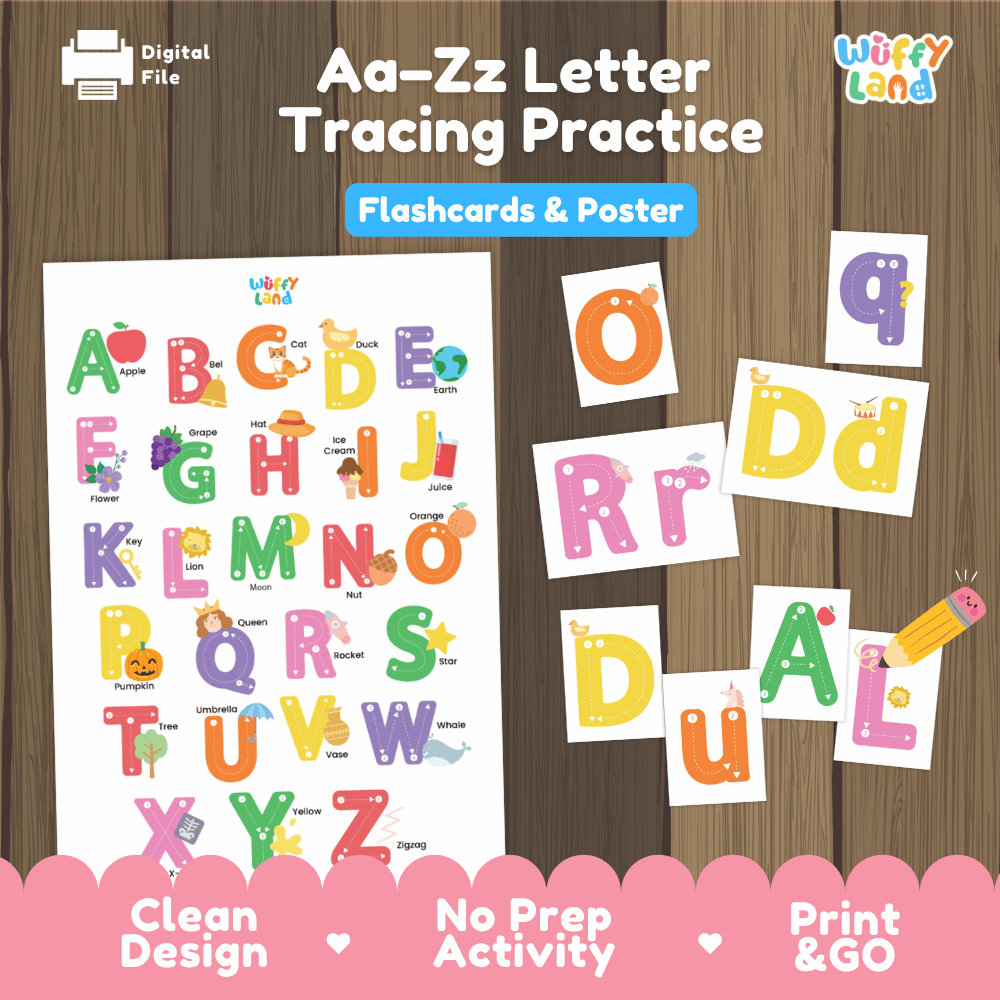 Aa-Zz Letter Tracing Practice Flashcards and Poster alphabet handwriting printable activity pack overview from Wuffy Land 🔤✏️