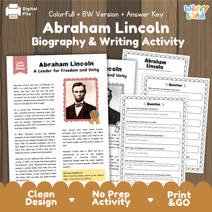Digital printable activity sheet set for 'Abraham Lincoln Biography & Writing Activity' shown on a wood background. The image includes a colorful title banner at the top and a brown banner at the bottom with the text 'Clean Design', 'No Prep Activity', and 'Print & GO'.