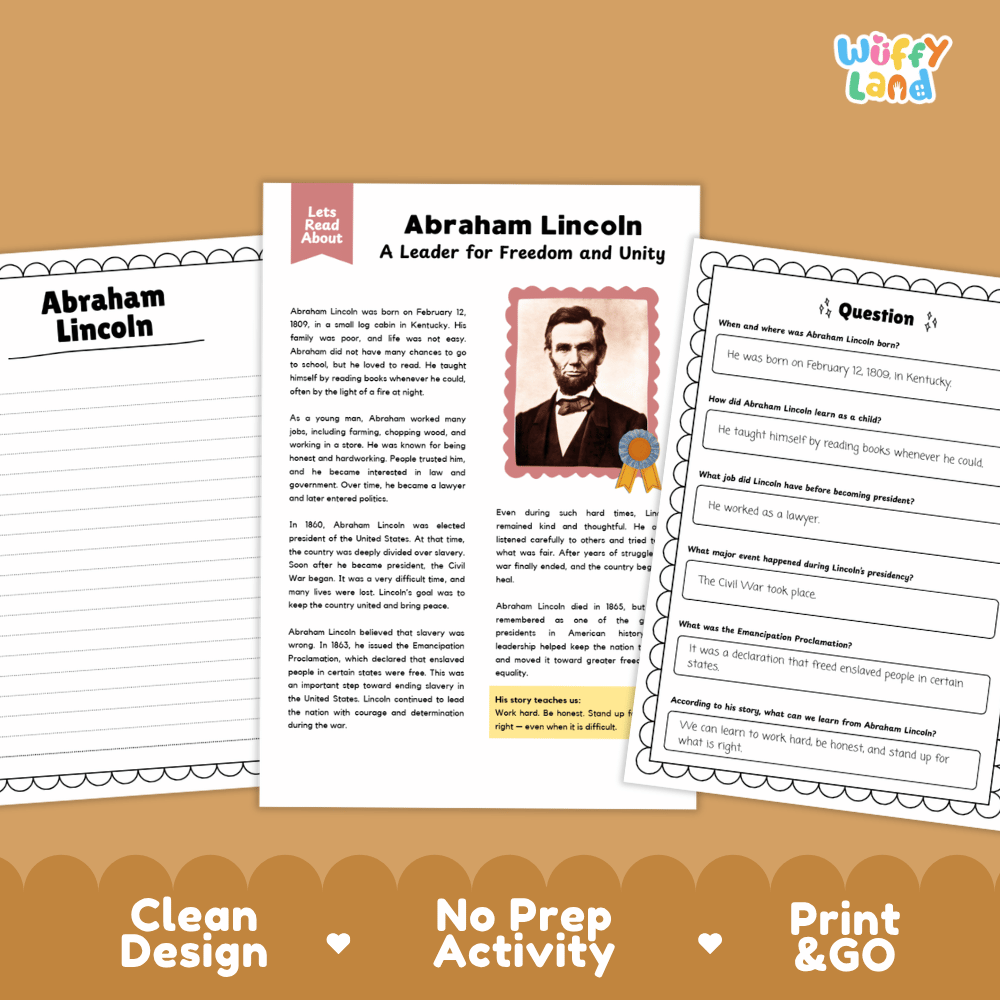 Abraham Lincoln Biography Reading Passage and Writing Activity Worksheets