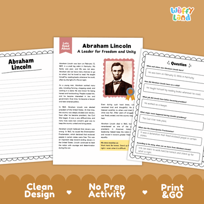 Abraham Lincoln Biography Reading Passage and Writing Activity Worksheets