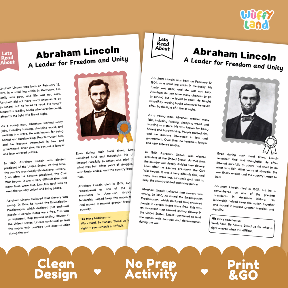 Abraham Lincoln Biography Reading Passage and Writing Activity Worksheets