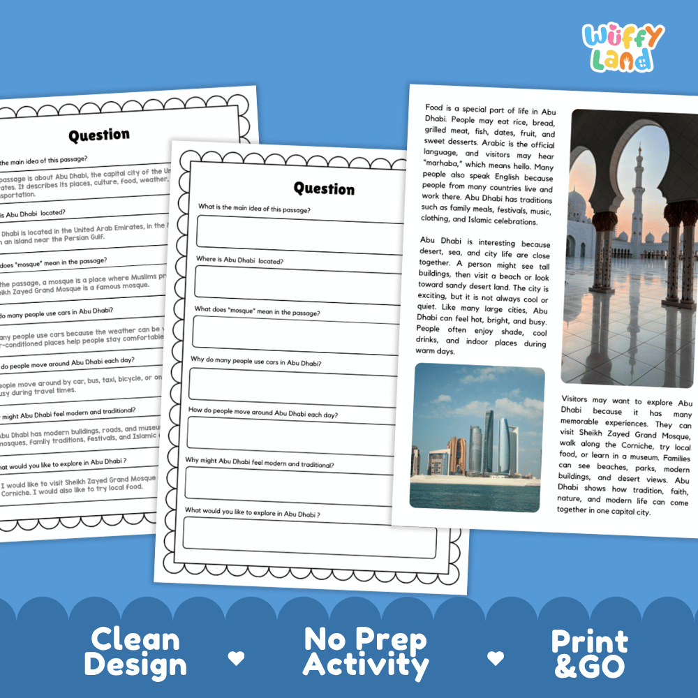 Student reading passage titled A Desert City by the Sea detailing Abu Dhabi Sheikh Zayed Grand Mosque Corniche waterfront and city photography