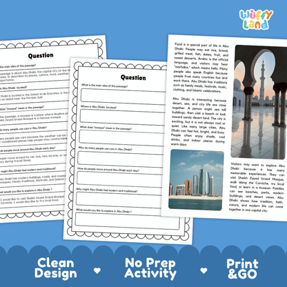 Student reading passage titled A Desert City by the Sea detailing Abu Dhabi Sheikh Zayed Grand Mosque Corniche waterfront and city photography
