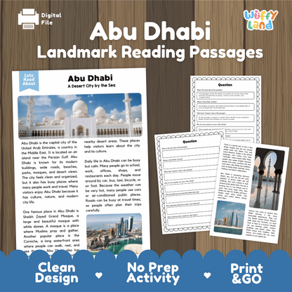 Abu Dhabi landmark reading passage and comprehension worksheet educational unit featuring nonfiction text and authentic United Arab Emirates photography