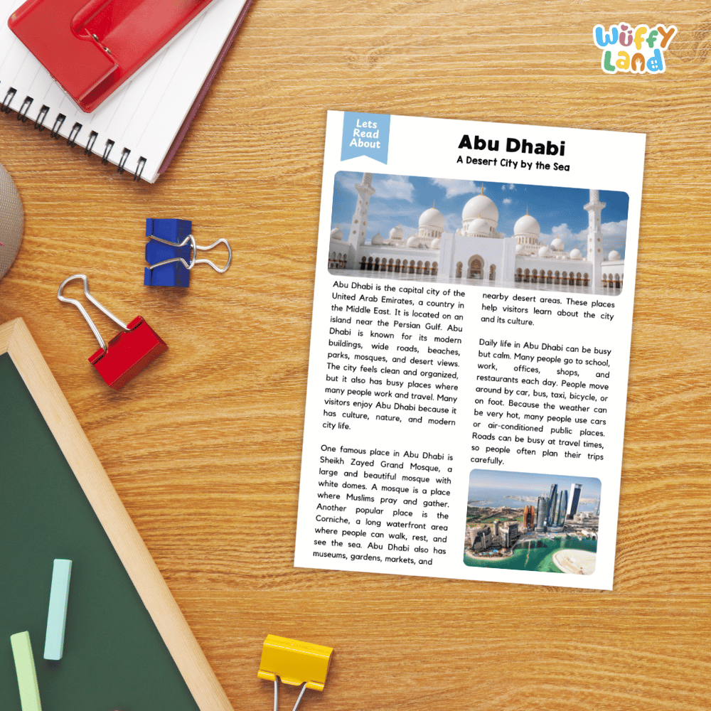 Lined reading comprehension question worksheet covering main ideas vocabulary terms and landmark facts about Abu Dhabi United Arab Emirates
