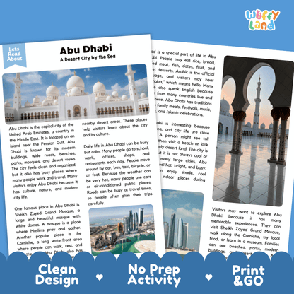 Reference sheet and answer key for Abu Dhabi landmark reading passage displaying completed comprehension answers and Middle Eastern geography facts