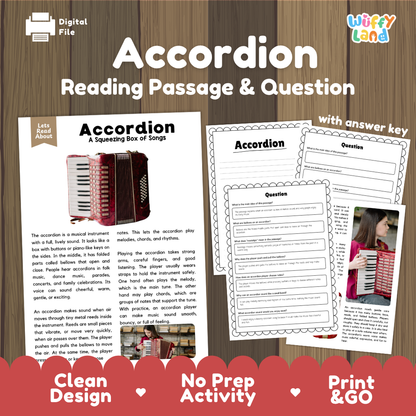 Accordion reading comprehension passage and questions printable activity pack with answer key for elementary students
