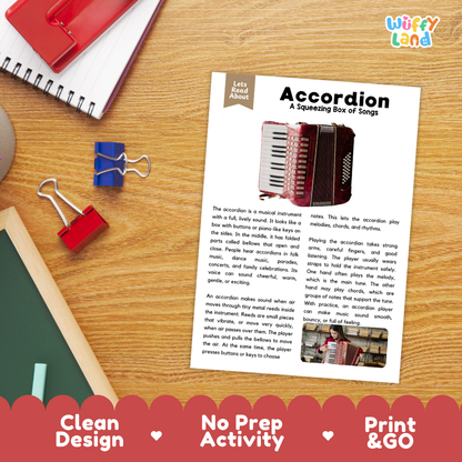 Student reading comprehension worksheet with short-answer questions and lined sections about the accordion instrument