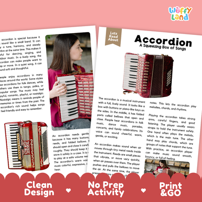 Teacher answer key page showing complete question solutions for Accordion music education reading comprehension practice