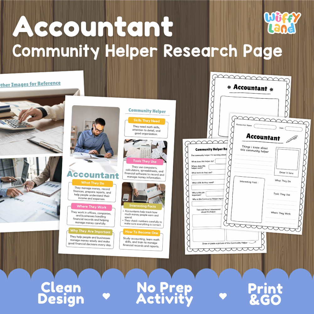 Accountant community helper research page writing worksheets pack featuring real photos and student activity pages for elementary social studies and financial literacy