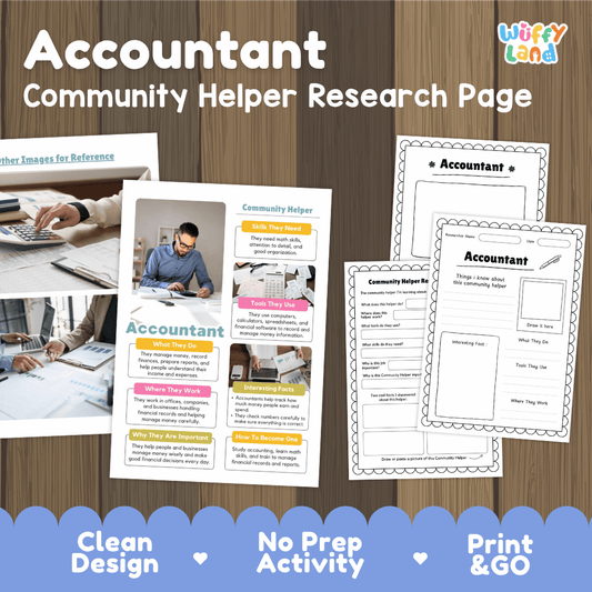 Accountant community helper research page writing worksheets pack featuring real photos and student activity pages for elementary social studies and financial literacy